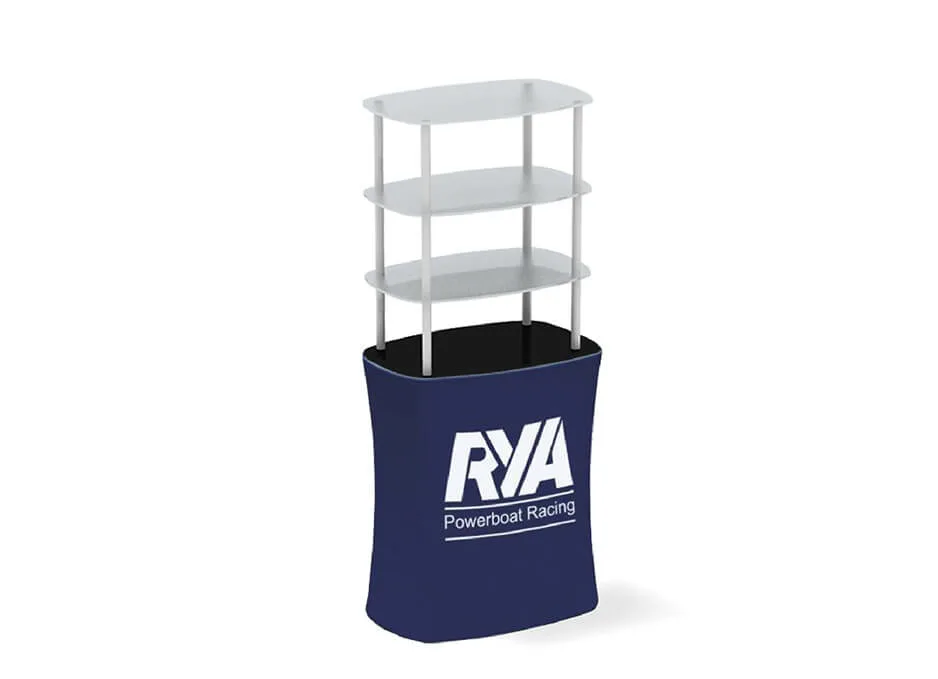 square counter with rack display table with shelves